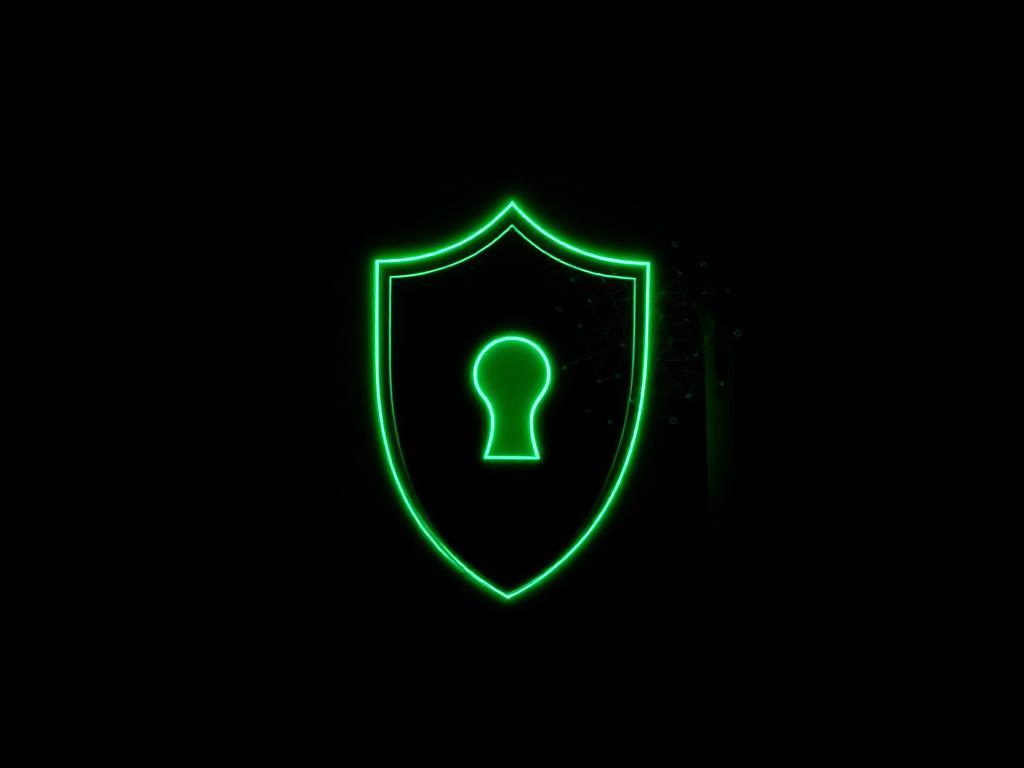 Escudo verde neón sobre fondo negro como símbolo de la privacidad en los casinos cripto sin DNI